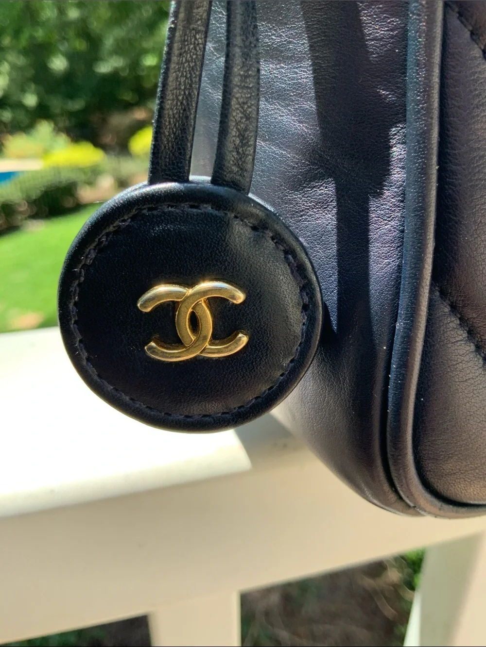 CHANEL Navy Chevron Quilted Lambskin Leather Shoulder Bag with Gold CC Tag